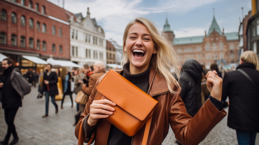 Emotional Selling_Woman is happy about the purchase of a bag