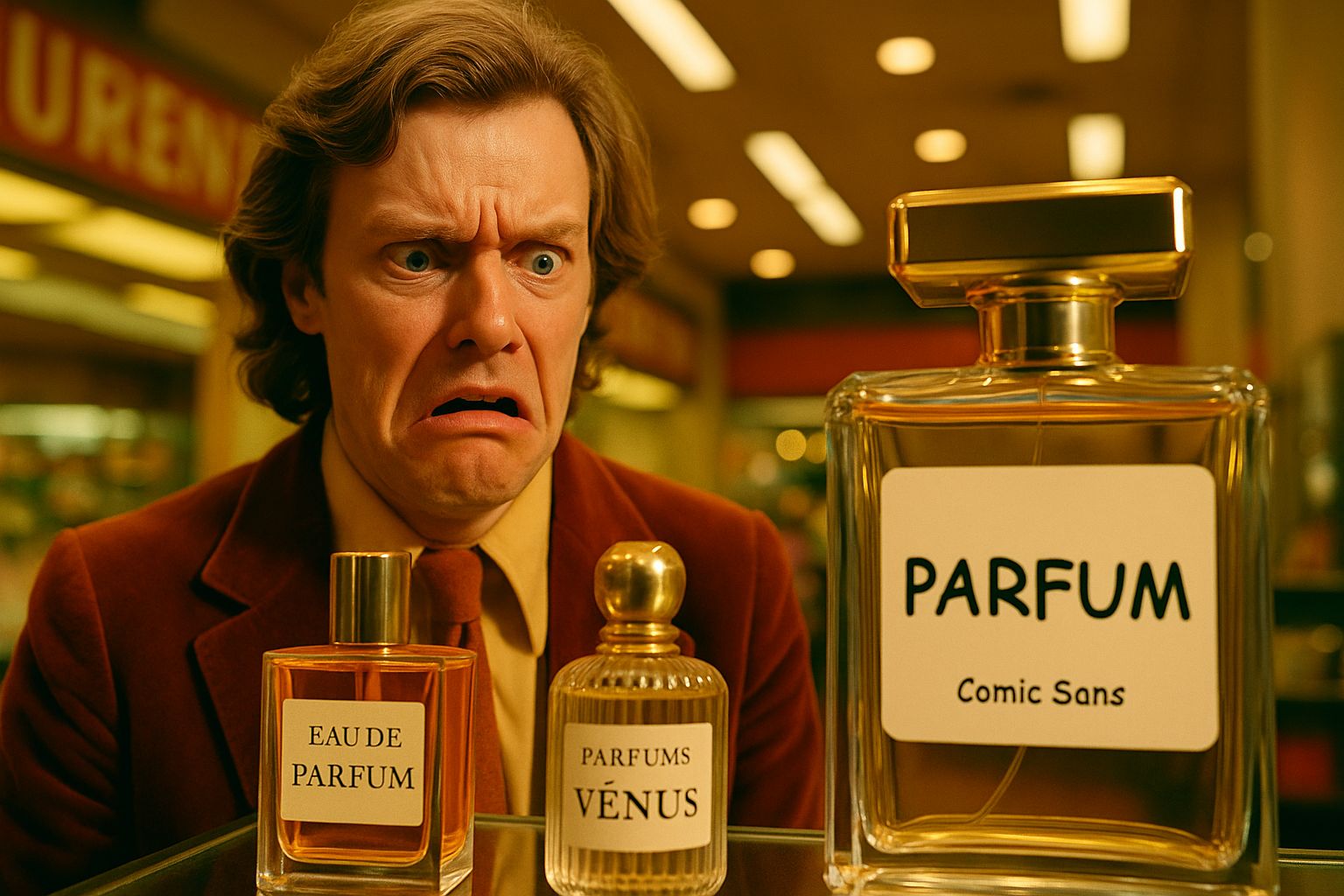 A surprised 1970s customer reacts with a grimace to a luxury perfume bottle labeled in Comic Sans, surrounded by elegant products in refined fonts, highlighting the emotional impact of typography. The Psychology of Fonts in Marketing: 5 Ways Type Affects Trust (2025)
